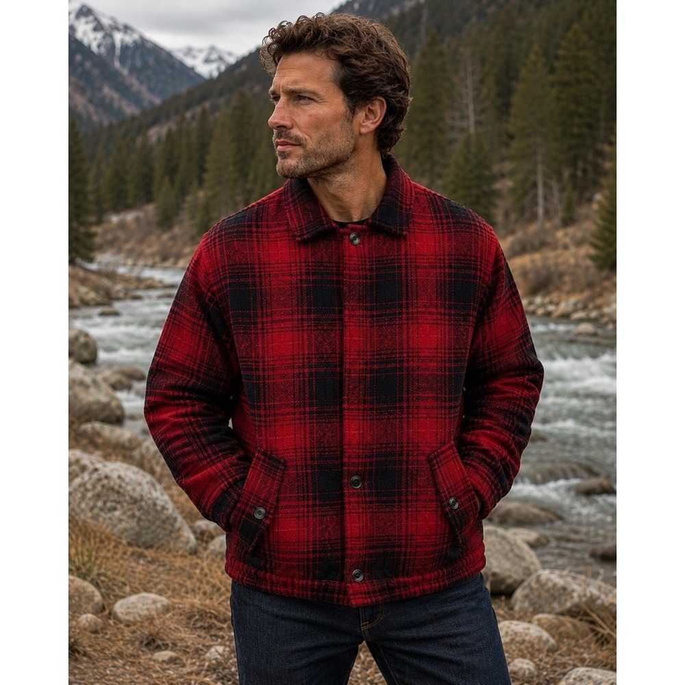 Vtg 80's 90's Abercrombie & Fitch Red Plaid Wool Jacket L Leather‎ Trim Heritage